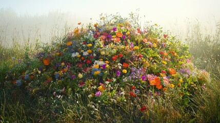 Vibrant Pile of Wildflowers Surrounded by Lush Greenery in Soft Morning Sunlight, Displaying a Kaleidoscope of Colors and Natural Beauty