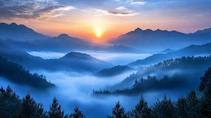 Obraz premium Idyllic sunrise over beautiful misty valley with layers of mountains and trees, creating serene and tranquil atmosphere