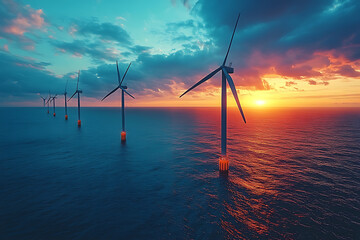Floating offshore wind turbines set in the middle of the ocean, capturing wind energy, symbolizing sustainable and advanced ocean technology.
