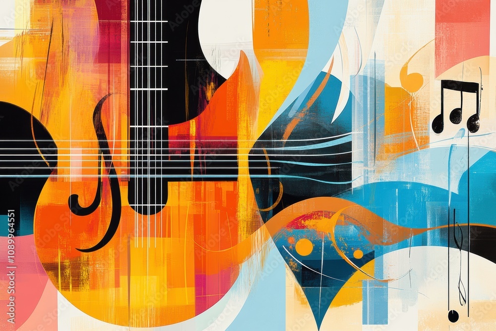 Poster vibrant colors and abstract shapes illustrate sound waves, instruments, and musical notes, capturing