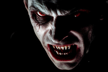 close up of a scary face of a vampire, black background