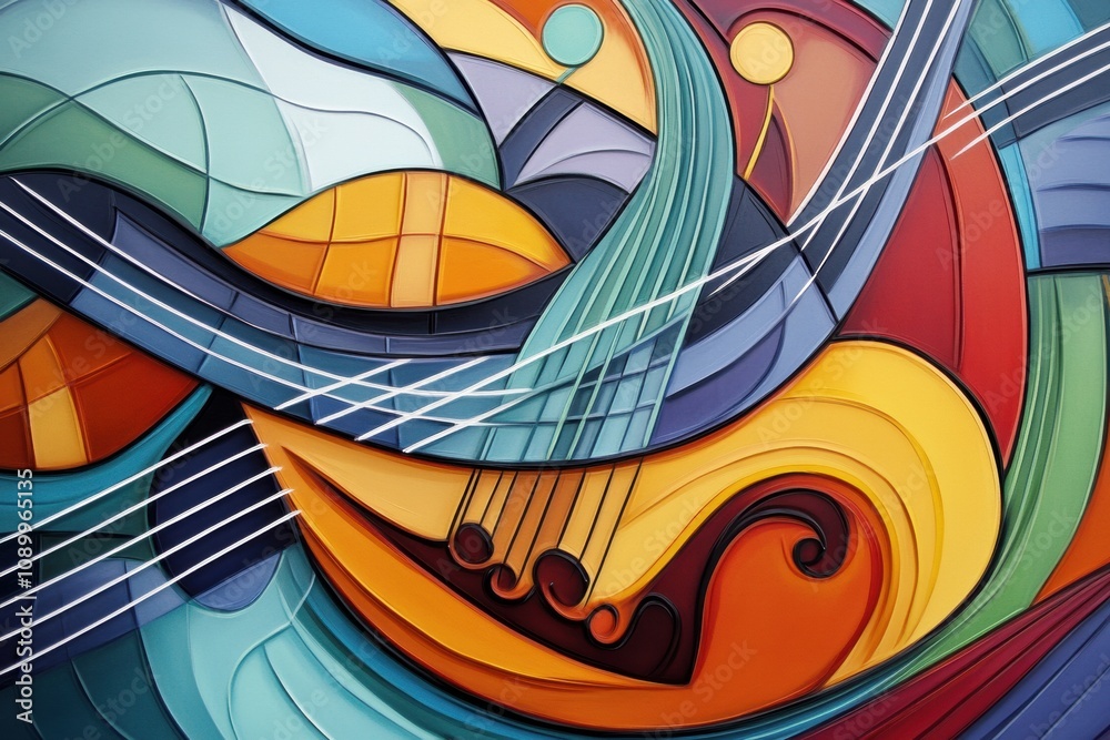 Poster colorful shapes illustrate sound waves and musical notes, capturing the essence of rhythm and melody
