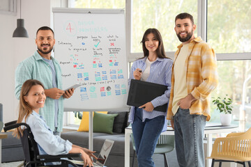 Naklejka premium Team of designers with woman in wheelchair working near flipchart at office
