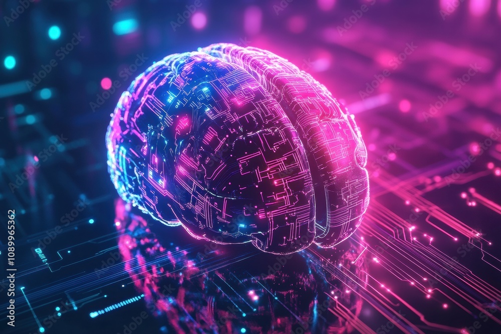 Poster A vivid abstract digital brain against glowing circuits symbolizes innovation in technology and neuroscience. Generative AI