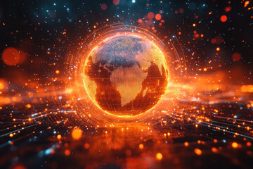 Obraz premium 3D render of holographic globe with digital data, glowing in orange and surrounded by vibrant particles, representing global connectivity and technology