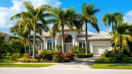 Fototapeta premium florida single family home. beautifufl landscaping with palm trees. 