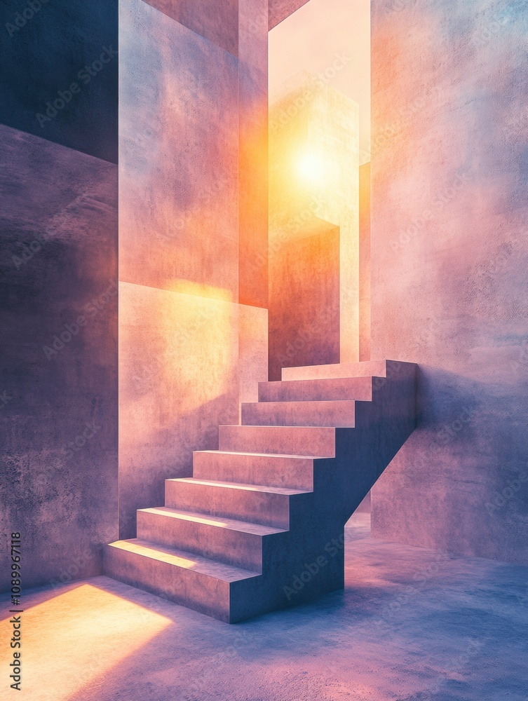 Leinwandbilder Bright light streams through a minimalistic architectural space, illuminating a staircase with textured walls during twilight. Generative AI