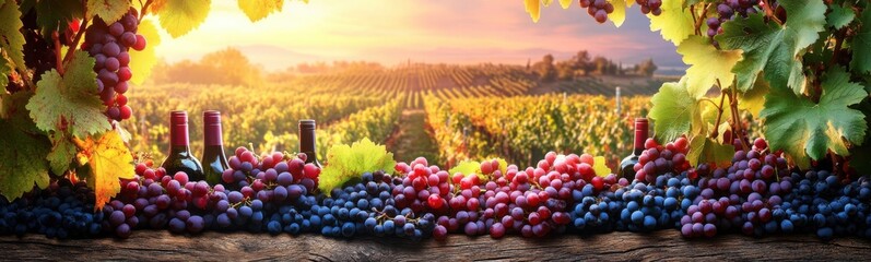 Grapes and wine bottles are sitting on a wooden table, wine tasting