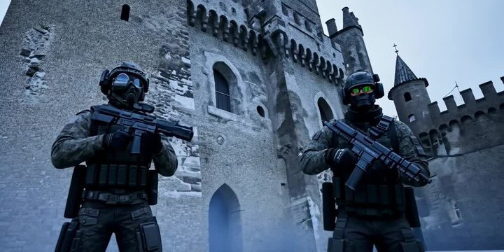 Commandos using high-tech gear during a castle hostage rescue operation, 4K Video
