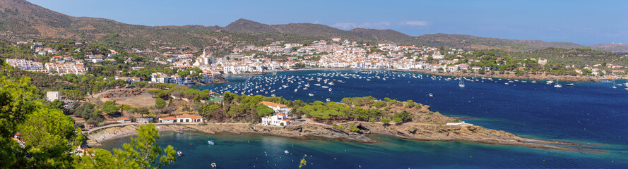 Cadaques Bay with boats and Church of Santa Maria, Catalonia, Spain