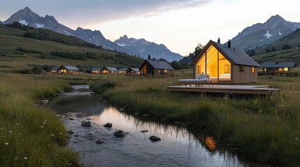 Fototapeta premium Tranquil Mountain Retreat with Cozy Cabins and Serene Stream at Dusk Surrounded by Majestic Peaks and Lush Greenery in a Picturesque Landscape