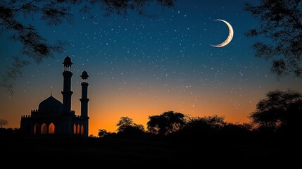 Silhouette of mosque at sunset with crescent moon and stars.