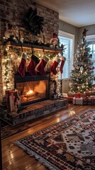 Cozy living room decorated for Christmas with a lit fireplace, a Christmas tree, and stockings hung on the mantel.