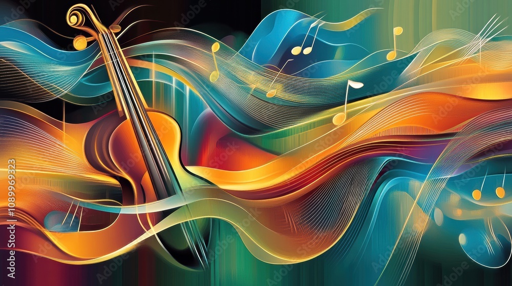 Aufkleber vibrant depiction of sound waves intertwining with musical notes and instruments, showcasing the bea
