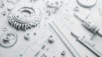 Intricate Arrangement of Mechanical Gears and Drafts on a White Background Capturing the Essence of Engineering and Design Innovation