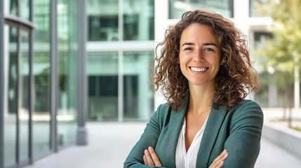 Fototapeta premium Confident Businesswoman Smiling Outdoors with Curly Hair and Crossed Arms in Modern Urban Environment