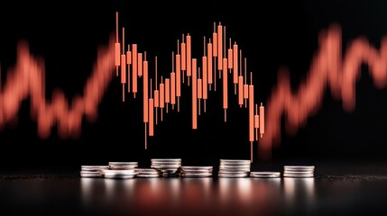 The image depicts a financial graph with red candlestick patterns rising above stacks of coins, symbolizing market trends and investment growth.