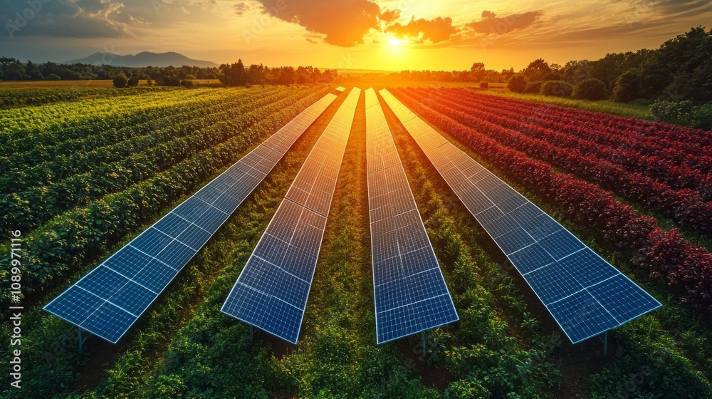 Poster rows of solar panels stretch across a colorful rural field as the sun sets, casting a warm glow over
