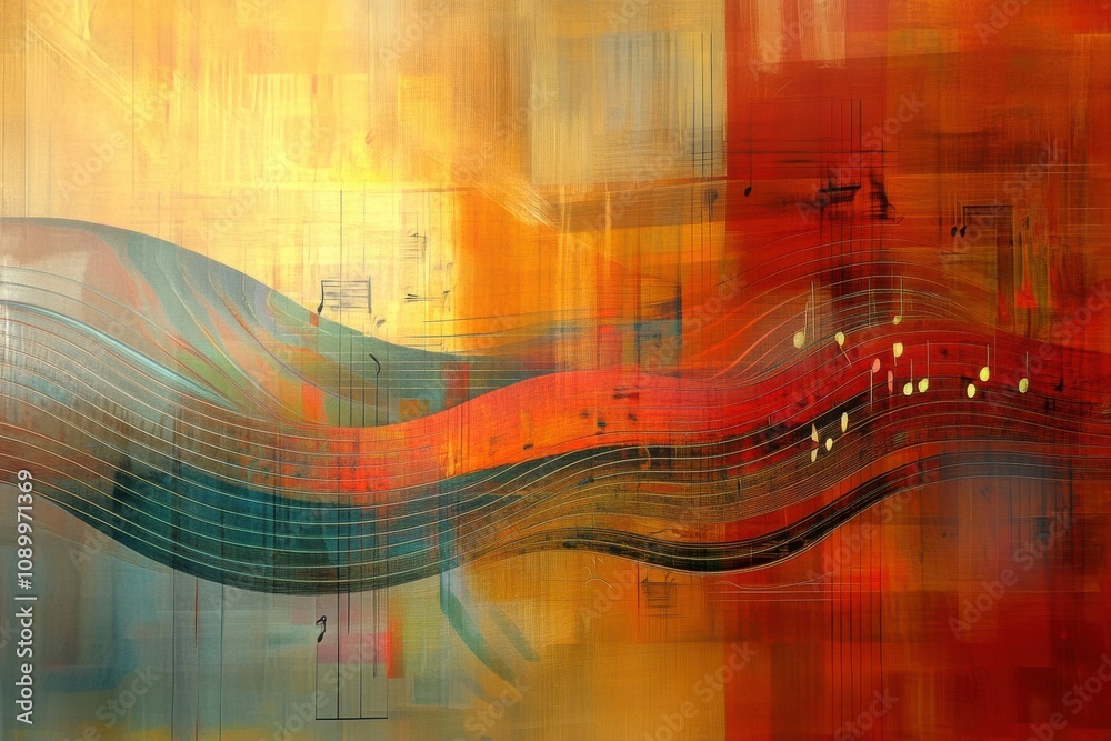 Aufkleber Dynamic visualization capturing the essence of sound waves intertwined with musical notes and instruments in vivid hues. Generative AI