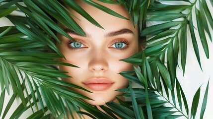 Naklejka premium Portrait of a Young Woman Framed by Lush Green Leaves, Emphasizing Natural Beauty and Serenity in a Gigapixel Detail for Stock Photography