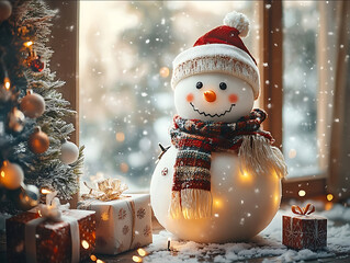 The lovely snowman is wearing a scarf a hat with Christmas lights a Christmas tree and a gift box next to it and snow is falling outside the window creating a warm holi