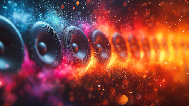 Row of vibrant speakers blasting colorful sound waves in a fiery neon ambiance.  
