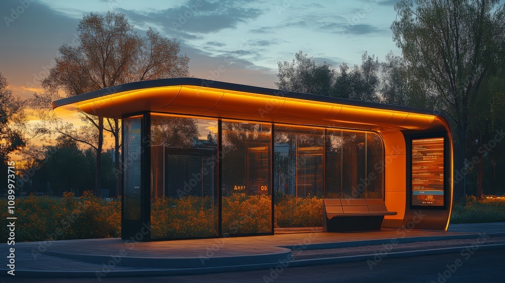 Poster This bus stop features sleek architecture with glowing lights, surrounded by greenery, as the sun sets in the background, creating a vibrant atmosphere.