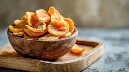 A wooden bowl filled with dried apricots on a wooden tray.
