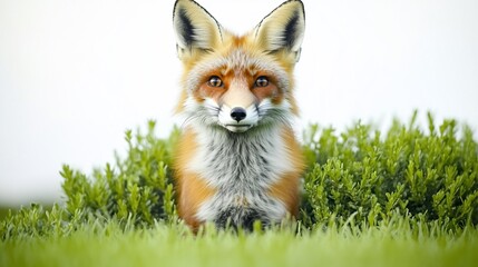 Obraz premium A close-up of a fox sitting among green foliage, showcasing its vibrant fur and curious expression.