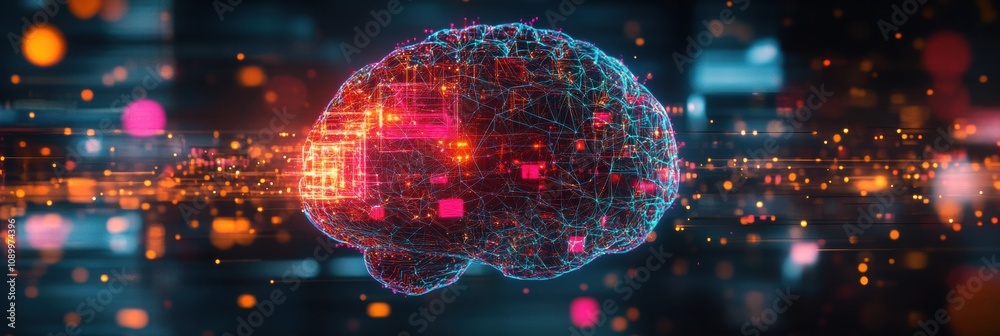 Poster a dynamic abstract representation of a digital brain showcasing intricate networks with glowing elem