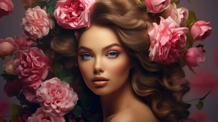 Fototapeta premium Serene Goddess with Vibrant Pink Roses in Deep Purple Background