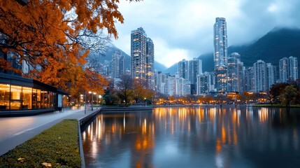 Obraz premium Illuminated Night Skyline Over City Lake