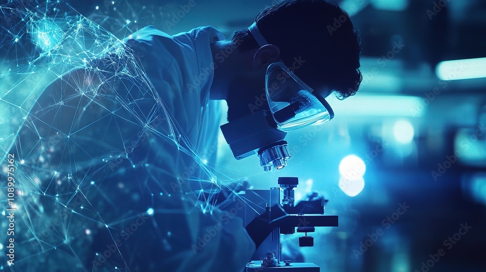 Poster scientific researcher using microscope in modern laboratory with digital graphics representing data 