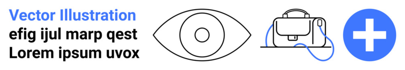 Obraz premium Eye graphic, helmet with cable, blue medical cross and text block on white. Ideal for medical, tech, design, safety, vision, health, and information themes. Landing page