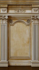Obraz premium Classical Architecture Detail: Intricate Entablature Frieze with Scrolls and Motifs on Neutral Hues Stone Facade Model