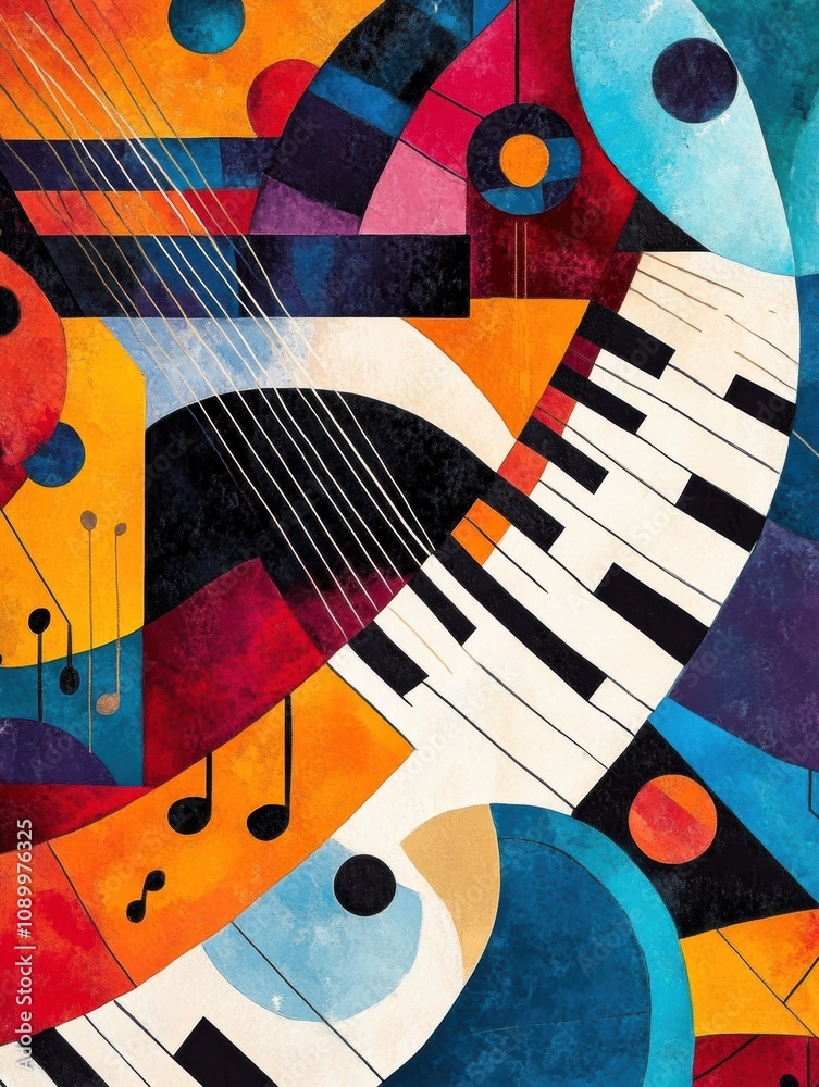 Aufkleber This vibrant abstract artwork captures the essence of sound waves, musical notes, and instruments merging into a dynamic composition. Generative AI