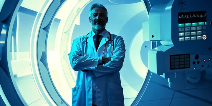 Director of a radiation oncology clinic, posing confidently with a state-of-the-art linear accelerator in the background, 4K Video