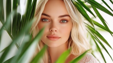 Fototapeta premium Beautiful Portrait of a Young Woman Surrounded by Lush Greenery, Capturing Natural Beauty and Serenity in a Bright, Inviting Space