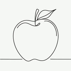 Minimalist line drawing of an apple, featuring a simple circular shape and single leaf on top 