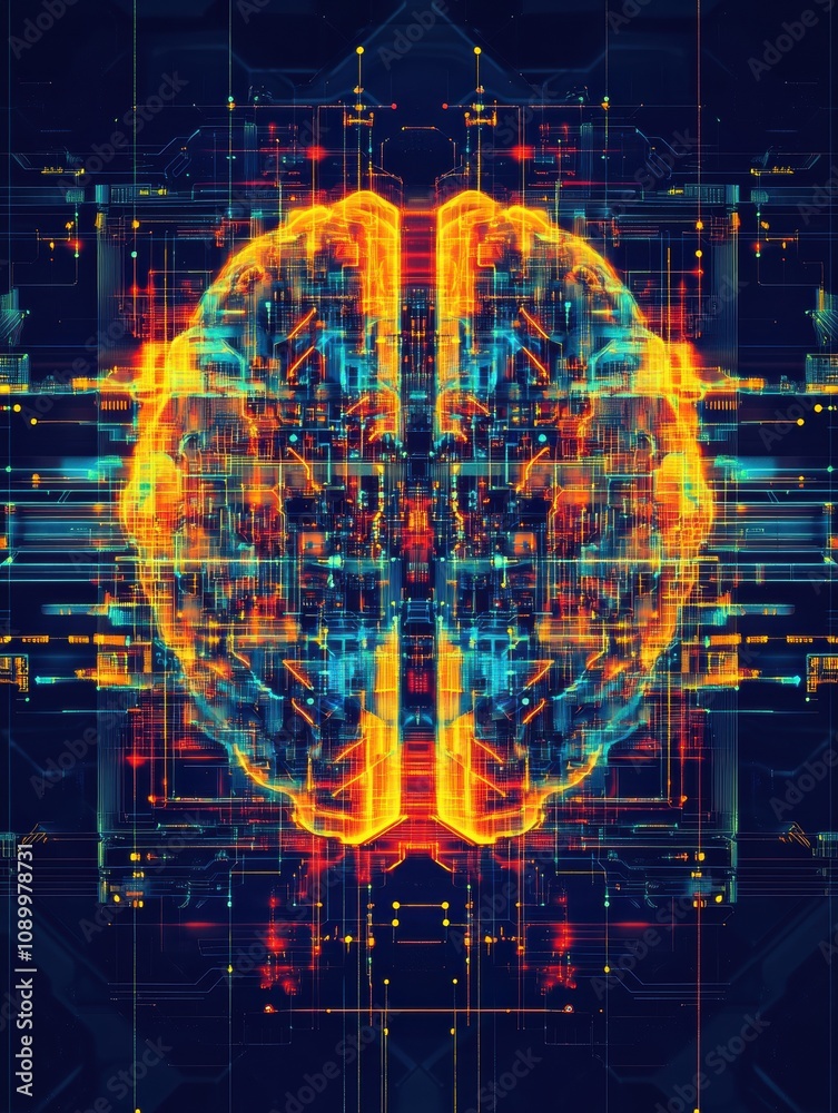 Poster A colorful digital brain composed of intricate circuits and dynamic patterns represents advanced technology and artificial intelligence concepts. Generative AI