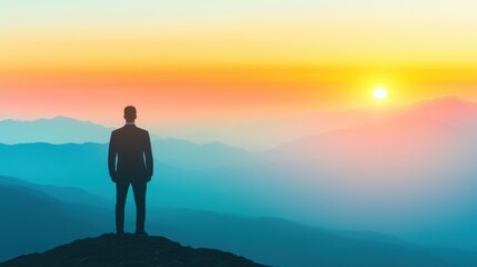 Fototapeta premium A businessman takes in the breathtaking sunrise from a mountain peak, reflecting on goals and aspirations as the day begins