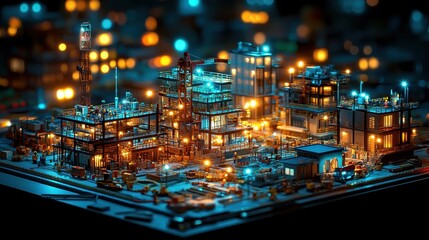 Obraz premium Hyper-realistic miniature cityscape at night showcasing vibrant lights, intricate structures, and bustling activity in a detailed industrial setting full of energy and life