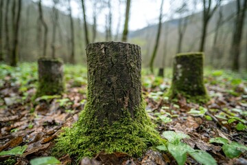 Fototapeta premium Tree stumps surrounded by lush greenery forest clearing nature photography peaceful atmosphere close-up view ecosystem impact