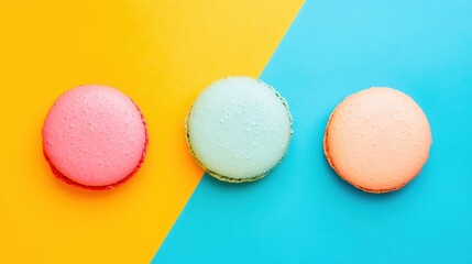 Obraz premium Pastel macarons in pink, green, and orange sit on a bright yellow and blue background, inviting a sweet celebration of flavor and color