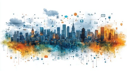 Obraz premium Futuristic Cityscape Illustration with Technology and Connectivity Elements, Showcasing Urban Development and Digital Innovation in a Modern Skyline