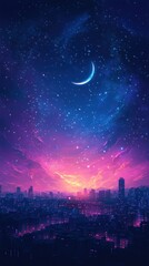 Cityscape at Night Under a Starry Sky with Crescent Moon