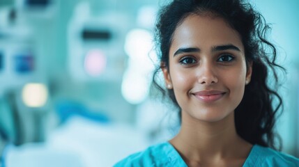 Fototapeta premium Smiling young female patient demonstrates resilience and positivity while resting in a hospital room, reflecting her recovery journey