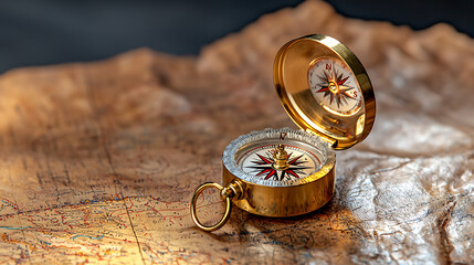 Gold-plated compass on a wooden map table, glowing warmly under soft, directional light, symbolizing purity and exploration, selective focus on foreground, copy space for text, ultra HD, 