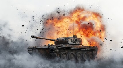 Fototapeta premium Realistic 3D render of a panzer exploding in flames and smoke