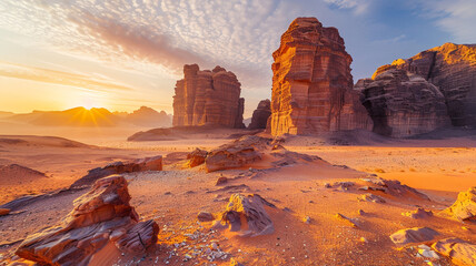 In a sprawling desert, towering monoliths of sandstone stand alone, their shadows stretching across the landscape at sunset.